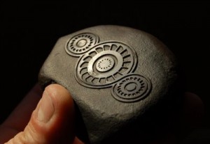 Roswell Rock style sandblasted stone carving by Ron Branch - windturbine crop formation design